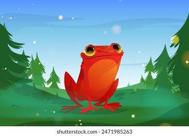 Cute red frog with smiling face and big yellow eyes sitting on lawn in forest. Cartoon vector illustration of summer or spring wood landscape with funny exotic toad. Childish comic amphibian animal.