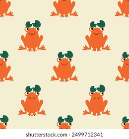 Cute red frogs and water lilies hand drawn vector illustration. Funny animal character seamless pattern for kids fabric or wallpaper.