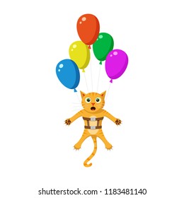 Cute red funny cat flying high using ballons. Flat style illustration. Character illustration isolated on white background.