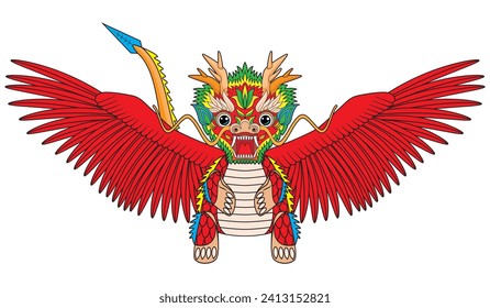 Cute red funny Chinese dragon with wings drawing in colorful cartoon vector