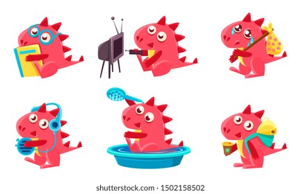 Cute Red Funny Dragon Character Set, Funny Fantastic Animal in Different Situations Vector Illustration