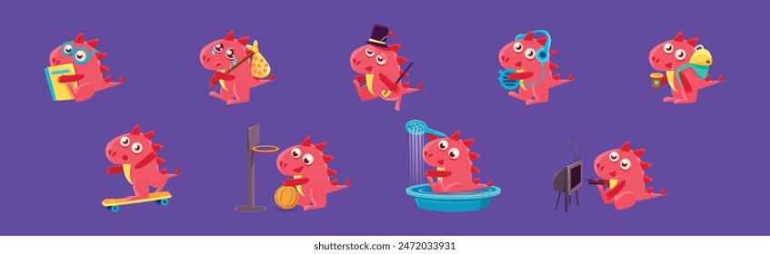 Cute Red Funny Dragon Character in Different Situation Vector Set