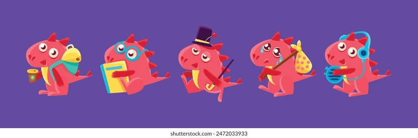 Cute Red Funny Dragon Character in Different Situation Vector Set