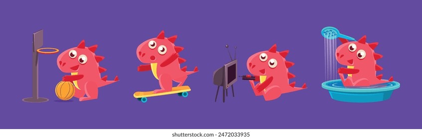 Cute Red Funny Dragon Character in Different Situation Vector Set