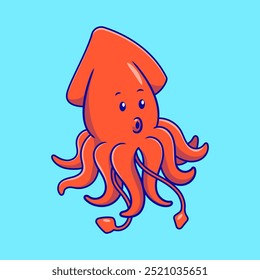 Cute Red Giant Squid Cartoon Vector Illustrations. Sea Creatures Concept. Flat Cartoon Style.