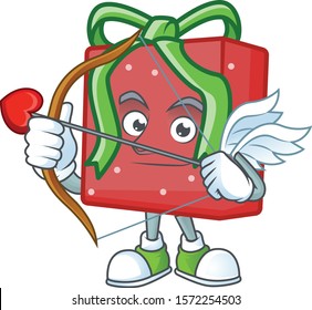 Cute red gift box Cupid cartoon character with arrow and wings