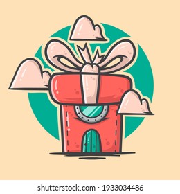 Casa de la caja de regalo roja con ilustración vectorial dibujada a mano de cinta adecuada para pegatinas, camisetas, tocadiscos, sombrero y diseño de afiches