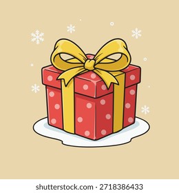 Caja de regalo roja linda con la cinta amarilla – ilustración de dibujos animados de Festiva de invierno