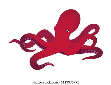 Cute red gigantic octopus - cartoon vector illustration isolated on white background. Animal illustration for zoo, nature concept, children book, print for t-shirt, poster or logo.  