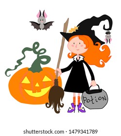 Cute red girl in witch costume and hat with broom, pumpkin lantern and potion pot Halloween vector illustration 
