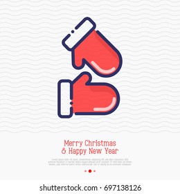 Cute red gloves thin line vector illustration. Symbol of Christmas and New Year, element for greeting card.