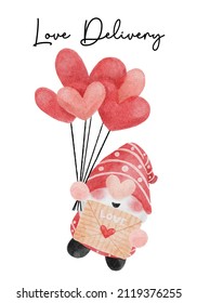 cute red Gnome with heart shape balloons and love letter watercolor cartoon vector hand painting, love delivery 