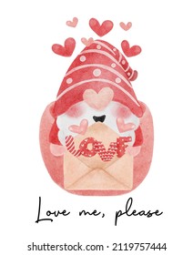 cute red Gnome with love letter in pink coffee cup watercolor cartoon vector hand painting, love me please