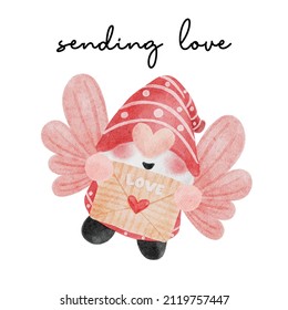 cute red Gnome sending love letter watercolor cartoon vector hand painting, sending love, love message