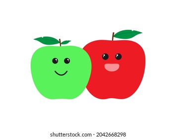 Cute red and green apples character smiling happily. vector flat design isolated on white background.