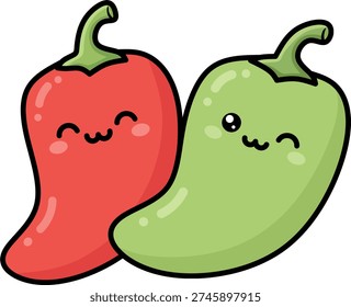Cute red and green chili pepper cartoon characters with happy kawaii faces for spicy food branding, restaurant mascot, and culinary design