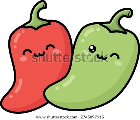Cute red and green chili pepper cartoon characters with happy kawaii faces for spicy food branding, restaurant mascot, and culinary design