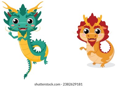 Cute red and green chinese dragons cartoon 