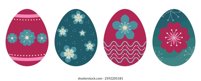 Cute Red Green Color Easter Eggs With Flower Pattern