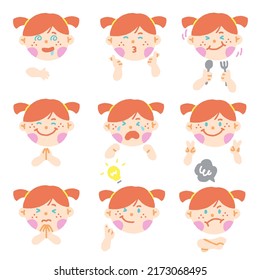 Cute Red Hair Blue Eye Girl Kids Children Different Expression Emotions Emotional Emoticon Hand Doodle Character Feelings Faces Collection Set Icon Vector illustration