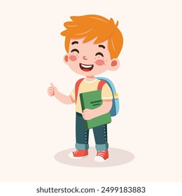 Lindo niño de pelo rojo con pecas son felices con la mochila y el libro. Concepto de regreso a la escuela. Ilustración vectorial en estilo plano de dibujos animados