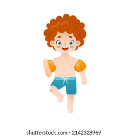 Cute red hair boy in inflatable armbands. Cartoon summer kid in swimwear. Happy child jumping.