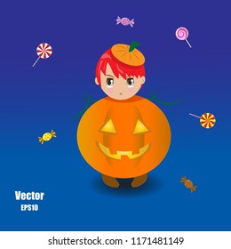 Cute Red Hair Boy in Pumpkin Costume with Candy on Halloween Day. Flat Cartoon Vector Illustration.