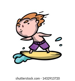 Cute red hair boy is surfing on the ocean wave in pink shorts