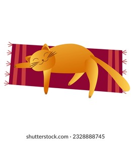 Cute red hair, Ginger cat sleeps on a rug Flat Design Vector.