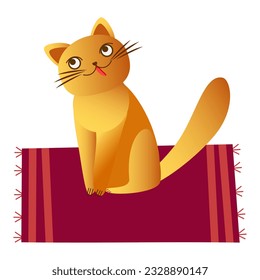 Cute red hair, Ginger cat  on a rug Flat Design Vector.