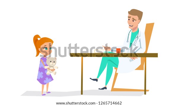 小児科医医院にいるクマのかわいい赤毛の女の子がチェックアップを待っています 病院室での小児科療法士の予約の平らなベクターイラスト かわいい漫画のキャラクターデザイン のベクター画像素材 ロイヤリティフリー