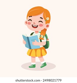 Linda chica de pelo rojo con pecas y una coleta son felices con la mochila y los libros. Concepto de regreso a la escuela. Ilustración vectorial en estilo plano de dibujos animados