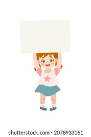 Cute red hair girl holding blank banner above the head. Cartoon child show empty paper and smiling.