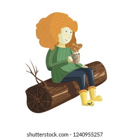 A cute red hair girl sits on the log and drinks hot chocolate from a cup covered with marshmallow. Vector illustration on a white background.
