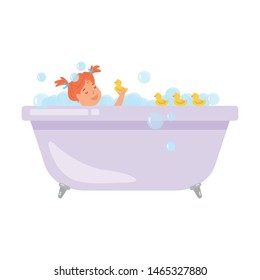 Cute red hair girl is take a bath with yellow ducks