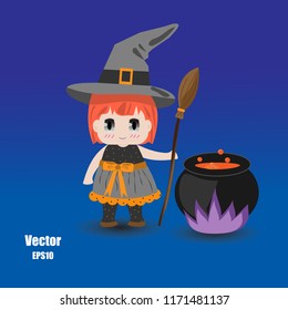 Cute Red Hair Girl in Witch Costume with Broomstick and Cauldron. Flat Cartoon Vector Illustration. Halloween Concept.