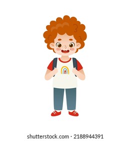 Cute red hair school boy with backpack. Cartoon happy student standing.