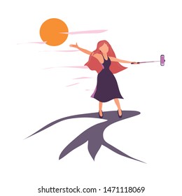 Cute red hair woman make selfie at sunset
