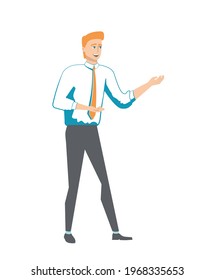 Cuidada ilustración de diseño plano vectorial de hombre de negocios de cabello rojo. Un trabajador sonríe y señala su dedo al objeto de la discusión. Diseño de caracteres aislado en fondo transparente.