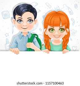 Cute red haired girl in green tee-shirt and brunette boy with school bag holds  large white horizontal banner on a white background with school doodles