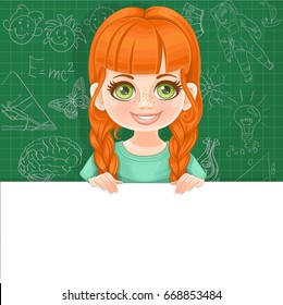 Cute red haired girl in green tee-shirt holds a large white horizontal banner on a green background