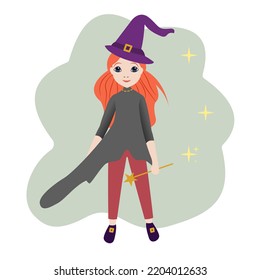 Cute red haired girl witch wearing magic hat and holding blasting rod