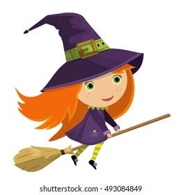 Cute red haired little witch in purple hat riding broomstick. Character for Halloween holiday, kids cards. Vector illustration in cartoon style