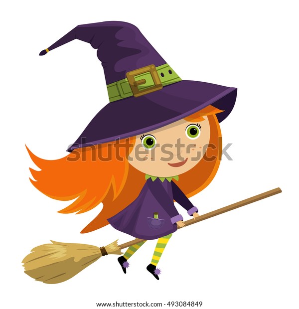 Cute Red Haired Little Witch Purple Stock Vector (Royalty Free) 493084849