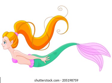 Cute red haired mermaid swimming