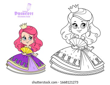 Cute red haired princess in purple dress with fan outlined and color for coloring book