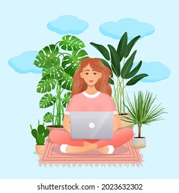 Cute red haired woman sits at a laptop while sitting in nature. Flat vector illustration of freelance, work at home, work, office, education, training. Remote work and communication in social networks