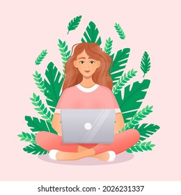 Cute red haired woman sits at a laptop while sitting in nature. Flat vector illustration of freelance, work at home, work, office, education, training. Remote work and communication in social networks