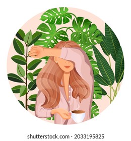 Cute red haired woman sits at a laptop while sitting in nature. Flat vector illustration of freelance, work at home, work, office, education, training. Remote work and communication in social networks