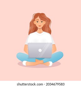 Cute red haired woman sits at a laptop while sitting in nature. Flat vector illustration of freelance, work at home, work, office, education, training. Remote work and communication in social networks